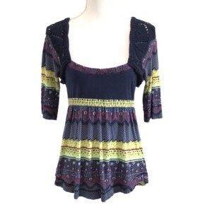 FREE PEOPLE Blue Geo Print Crochet Trim Babydoll Top